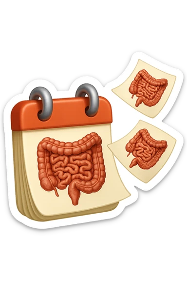 emoji stile iphone di un calendario con fogli che volano insieme, sui fogli ci sono disegnati degli intestini anatomici, iperrealistico 4k, isolato su sfondo bianco sticker