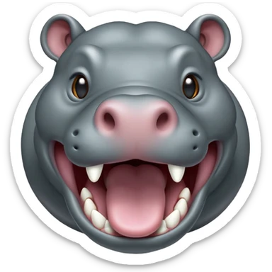 cinematic-noble-yawning hippo-portrait-emoji,-poised-and-regal,-with-a-massive,-robust-build-and-a-smooth,-sleek-slate-gray-hide,-deep-set-soulful-eyes,-simplified-yet-sharp-and-sophisticated-features,-highly-detailed,-glowing-with-a-soft radiance, mouth open wide exposing teeth sticker