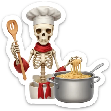 Papyrus from Undertale cooking spaghetti, tall skeleton with red scarf and white armor, enthusiastically stirring pasta in a pot, chef hat sticker
