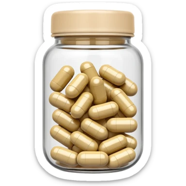 Beige supplement capsules in a small glass jar, pastel background sticker