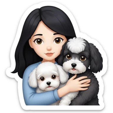 A beautiful girl with long black hair hugs a little schnauzer and a bichon frise sticker