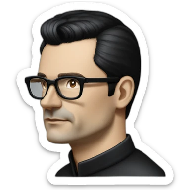 small photo realistic Ralf Hutter from Kraftwerk, short straight black hair, Dark Brown eyes, black glasses, thin, black shirt, side view, riding open top black tesla sticker
