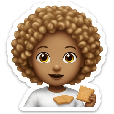 A white baby girl with curly hair eating a graham cracker sticker