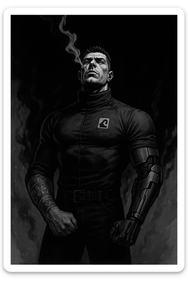 Black and white comic book panel of an extremely muscular Italian man with cybernetic implants standing in the dark, surrounded by smoke. He is wearing a long-sleeved shirt with a high collar, and his chest is sculpted. sticker