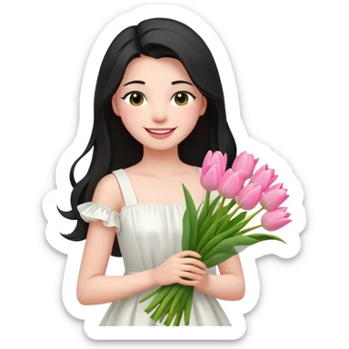  A girl Squint your eyes and smile with a black half-up half-down hairstyle, and a white dress, enjoying the spring breeze.Holding a bundle of pink tulips sticker