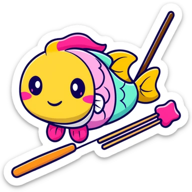 A cute arrangement of fish cake with pink swirl, rice cracker, and tri-colored dango skewer as a Japanese snack trio sticker