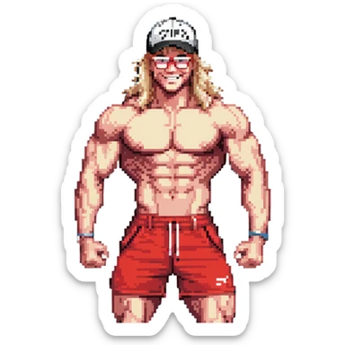 Man with black and white cap with VANOMAS text, bare torso, red shorts, clear glasses, messy light blond mullet hairstyle, smiling and flexing muscles sticker