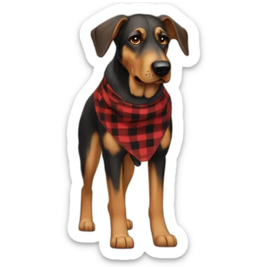 adult 75% Coonhound 25% German Shepherd mix dog with visible tail wearing small pointed red buffalo plaid bandana full body walking left quickly sticker