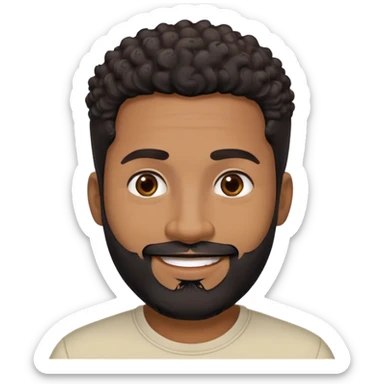 Caribbean man in his early 40s with medium brown complexion. Round friendly face. Energetic expression with wide smile. Cheerful dark eyes. Thick eyebrows. Wide nose. Well-groomed full black beard. Short curly black hair with faded sides. Wearing a cream colored casual shirt. sticker