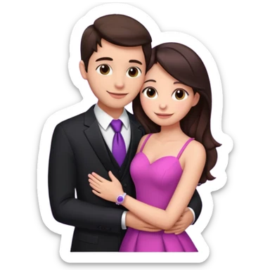 Brunette girl, with an engagement ring on her finger hugging a handsome man, (her boyfriend) both of them happy, she’s wearing a pink dress, he is wearing a black suit, he’s also a rich businessman, and there is the 💜 purple heart emoji on top. They look in love with each other.  sticker