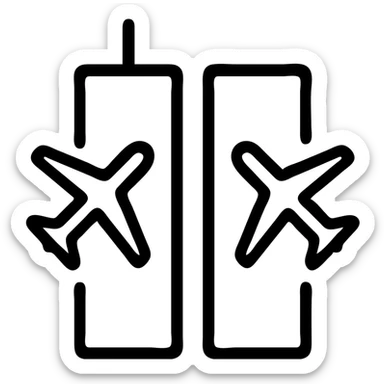 représentation abstraite des tours jumelles et deux avions, style graphique épuré, suggestion de l'événement, pas de scène dramatique sticker