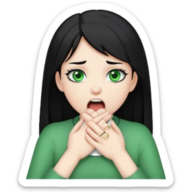 A girl with black hair and white skin and green eyes with her hands on her throat like a x sticker