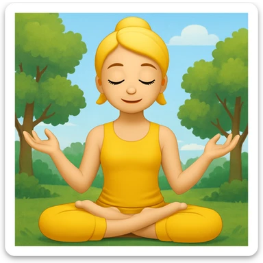 Add a peaceful nature background with trees and sky behind the meditating emoji, keep the classic emoji style sticker