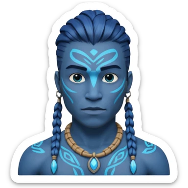 avatar-style Na’vi male portrait, head and shoulders only, blue skin, bioluminescent markings, strong face features, braided hair, tribal necklace, heroic expression, 3D cartoon, mobile game icon style, clean background, no text, no watermark
 sticker