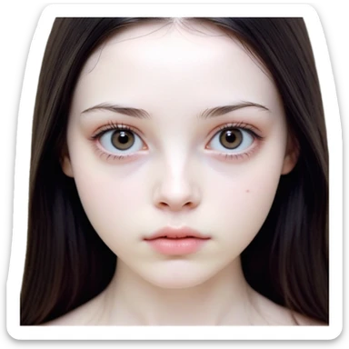 girl with white skin, dark brown long realistic straight hair with middle part prominently falling in front of her body over her shoulders, natural lips with absolutely no cupid's bow and no lip gloss or makeup, big round eyes with very black shiny eyeballs and natural eyelashes, no makeup whatsoever on face, no blush, no eyeshadow, completely bare face, lighter button nose, exceptionally elongated very long oval-shaped face, wearing a pink off-shoulder top, looking directly at camera with hands down at sides sticker