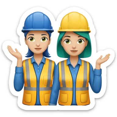 Um homem e uma mulher amarelos com capacete de obras ambos azul escuro e camisa social cinza com faixas refletivas verdes nos braços, Um deles deve estar segurando um megafone sticker