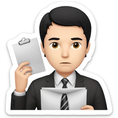 male office doubt face looking at paper with black hair sticker