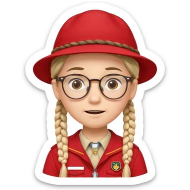 red uniform wearing scout kid with braids and glassess with hat sticker
