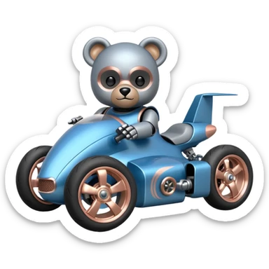  Metallic blue and rosegold-accented  kid-sized racing car for furry-faced grey bearded evil scary robot teddy bear with custom aero body and rear wing and motorcycle-sized wheels  sticker