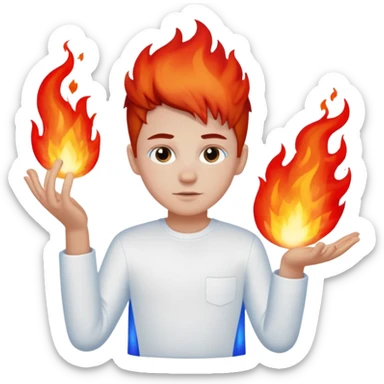 A boy with no hands fire instead made out of red fire and blue fire on a white shirt that the boy is wearing  sticker