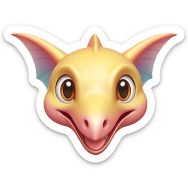 Cinematic Cute Pterodactyl Portrait Emoji, Head tilted playfully with a charming smile, featuring a diminutive, agile form with delicately curved wings and wide, sparkling eyes full of endearing wonder, Simplified yet irresistibly adorable features, highly detailed, glowing with a warm, inviting pastel glow, high shine, affectionate and lively, stylized with a touch of whimsical prehistoric charm, soft glowing outline, capturing the essence of a mischievous yet lovable Pterodactyl that seems as if it could flutter out of the screen into your arms! sticker
