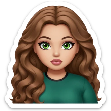  long brown wavy hair, light skin, green eyes, pretty bratz baddie, big plus size , black eyeliner, blush sticker