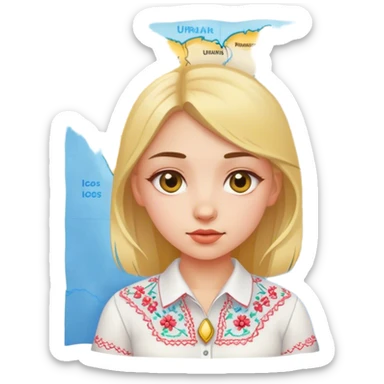 A Ukrainian girl in a white embroidered shirt holds a map of Ukraine sticker