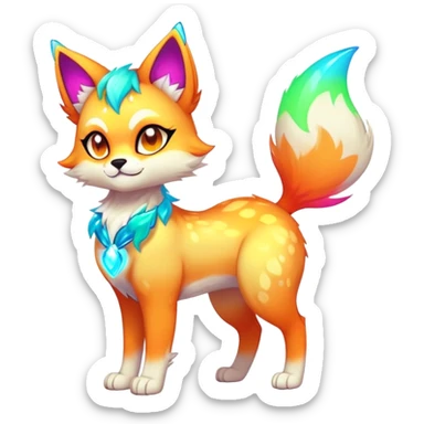 Vibrant multicolored neon-colored Falvie-Fionbri-creature-sparkle-feline-canine-hybrid-fursona, full body sticker