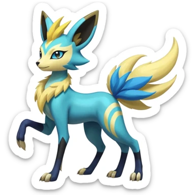 Feral Colorful Painted Asian Graceful Majestic Cool Handsome Meloetta-Zeraora-Luxray-Cobalion-Suicune-Vernid-fusion-hybrid-creature, full body  sticker