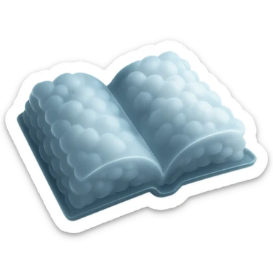 thick open book made entirely of small, very bright white fluffy convex clouds, matte glass style, no background sticker