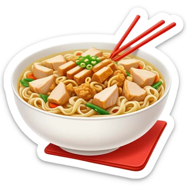 Xinjiang Big Plate Chicken Noodles with wide hand-pulled noodles and chicken chunks, simplified emoji style with bold outlines and bright colors, cartoon style Da Pan Ji with noodles sticker