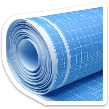 side perspective of a blue rolled-up blueprint plan with white lines sticker