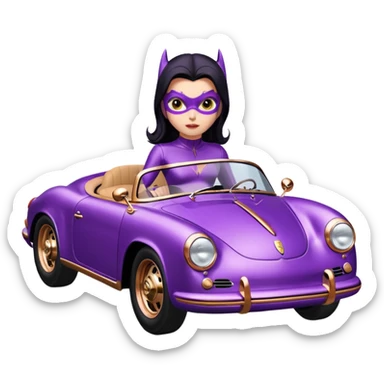 BatGirl driving her satin-black and rose gold 1956 Porsche spider too fast in the country despite the rainy conditions making the tires slippery sliding sideways and her black hair flutter (purple shiny latex catsuit)  sticker