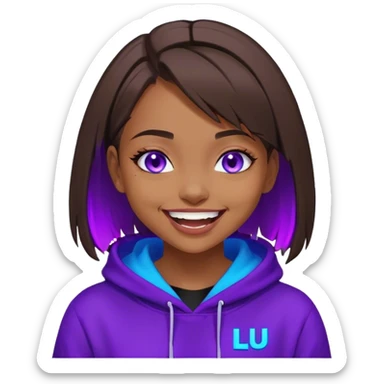 brown haired girl with a bob and blue eyes wearing black hoody with violet letters "Lu", laughs. Cyberpunk style. Violet neon. sticker