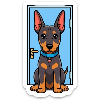 Doberman dog bitch with a name tag with a big fat head guarding the front door the name tag says my name is Bonnie do not enter sticker