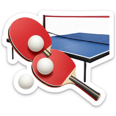Two table tennis paddles and a ball placed on a ping pong table, with the net in the background. The scene conveys the simplicity and focus of the sport, with vibrant colors highlighting the rackets and ball on the smooth surface of the table. sticker
