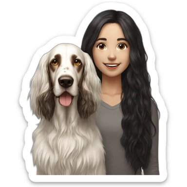 hyperrealist caucasian girl black long hair with brown english setter dog sticker