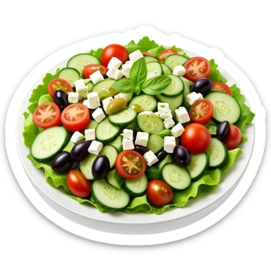 Cinematic Realistic Greek Salad Dish Emoji, depicted with crisp lettuce, tomatoes, cucumbers, olives, and feta cheese rendered with vibrant textures and fresh, natural lighting. sticker