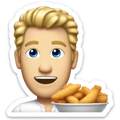 White guy with dirty blonde pompadour hairstyle and blue eyes eating chicken tenders  sticker
