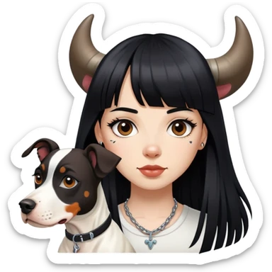 girl with long black  straight bangs hair with tattoo and a Springer dog  and  bull a terrifying dog sticker