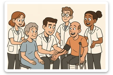 four nursing students in practical activity with patients, all wearing short-sleeved white coats, no stethoscope, professional interaction, modern cartoon style, light background sticker