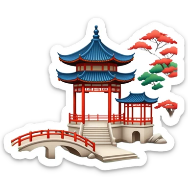 Suzhou classical garden with pavilion, simplified emoji style with bold outlines and bright colors, cartoon style traditional Chinese garden sticker