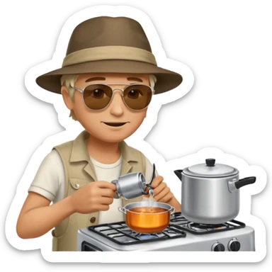A man camper boiling water on a portable stove, enjoying the outdoor breeze.
 sticker