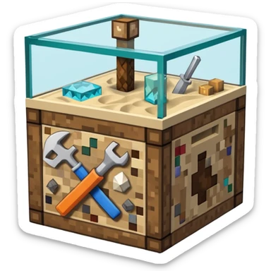 minecraft crafting tabme with tools, stone, wood, glass, sand, ... in a minecraft cube crafting table sticker