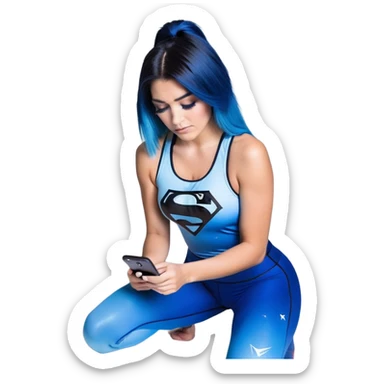 Shameful-big tears-head back texting on phone-very very large upper body-sexy face-bending forward at waist-very long very straight dark blue to light blue ombre hair-and-blue eyes-thick black eyeliner-thick long eyelashes-iridescent blue lowcut tanktop with black leggings with glitter superman logo sticker