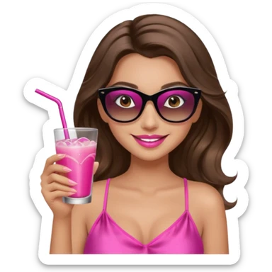 girl with long wavy brown hair, brown eyes, long lashes makeup, sexy pink lips, smiling, light to medium complexion, wearing a pink sexy silk top, relaxing in a beach chair, wearing black sunglasses, holding a drink, palm trees beach background  sticker