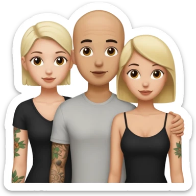 throuple tatted bald boyfriend with blonde girl friend and brunette girlfriend sticker