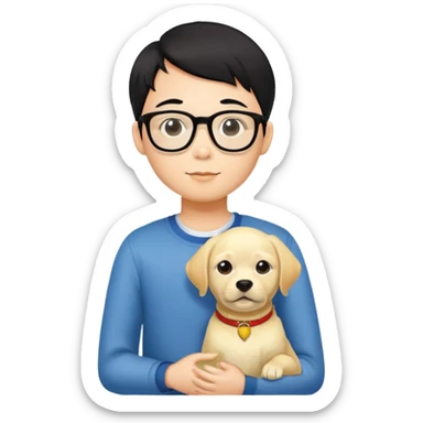 A Chinese black haired boy with black glasses holding one yellow Labrador Retriever sticker