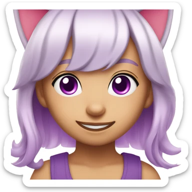 Cute girl with white hair, cat ears and pink inner hair and purple eyes smiling into the camera sticker