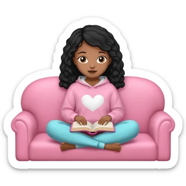 Una chica linda de cabello negro con ondas hasta los hombros de piel blanca con una sudadera rosa en un sofá cómodo y hermoso leyendo la biblia sticker